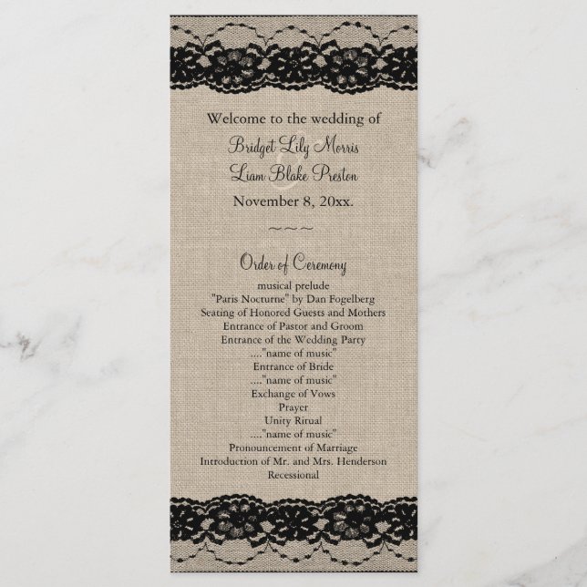 Lace in Black on Burlap Wedding Program Programme (Front)
