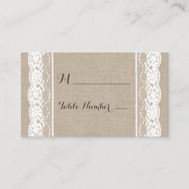 Lace in White on Burlap Place Card (Front)