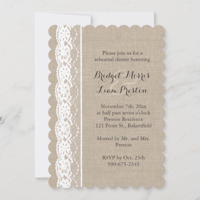 Lace in White on Burlap Rehearsal Dinner Invite (Front)