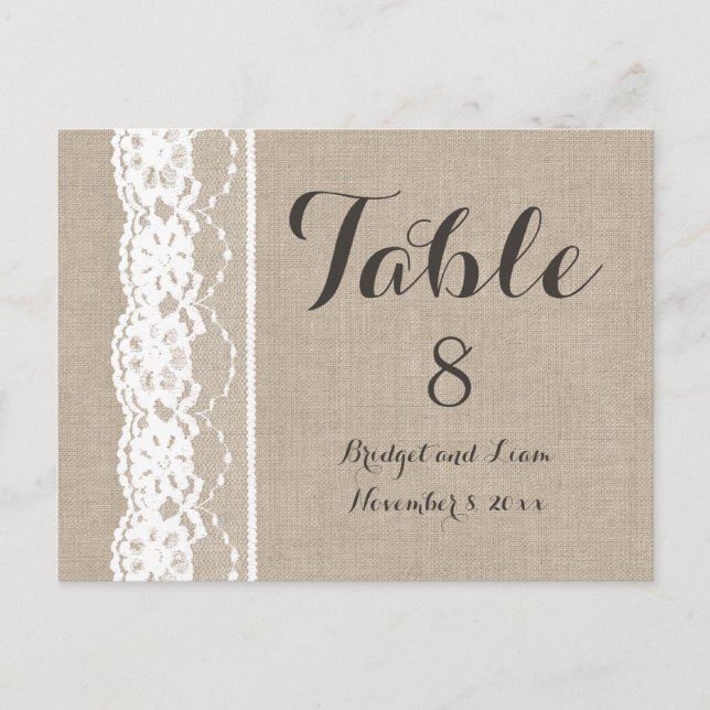 Lace in White on Burlap Table Number Postcard (Front)