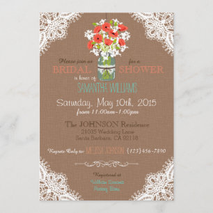 Lace, Jar, Poppies, & Burlap Rustic Bridal Shower Invitation