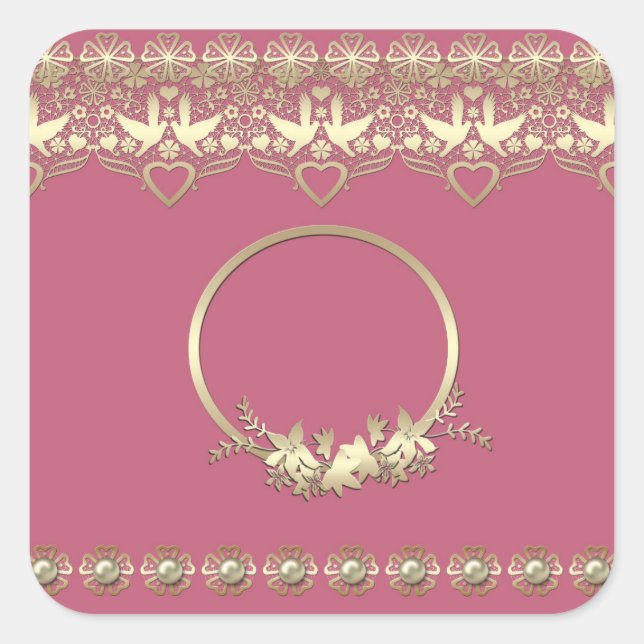 Lace lacy frame golden romantic customisable text square sticker (Front)