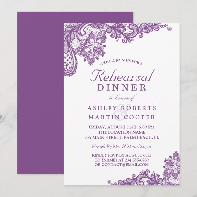 Lace Lavender Purple | Wedding Rehearsal Dinner Invitation (Front/Back)