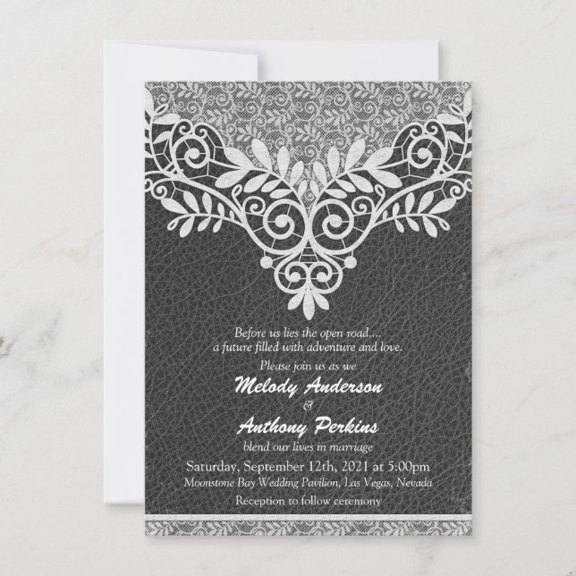 Lace Leather Rustic Black White Biker Wedding Invitation (Front)