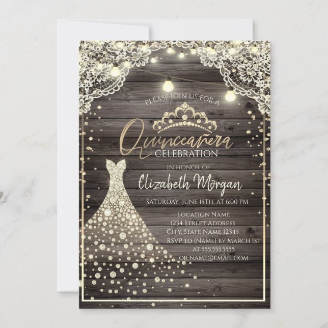 Lace,Lights,Diamonds Tiara Dress Wood Quinceañera  Invitation (Front)