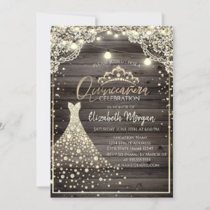 Lace,Lights,Diamonds Tiara Dress Wood Quinceañera Invitation