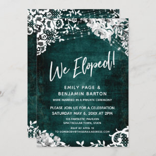 Lace, Lights & Floral over Grunge Teal We Eloped! Invitation
