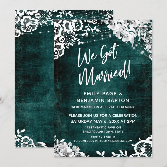 Lace, Lights & Floral over Teal We Got Married! Invitation (Front/Back)