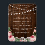 Lace & Lights | Rustic Rose Wedding Save The Date Magnet<br><div class="desc">Create your own custom Lace & Lights | Rustic Rose Wedding Save The Date fleximagnets using these templates by Cali Graphics. This country design features a background of rustic wood, string lights at the top of the invitation, beautiful lace (image), vintage roses and elegant typography. Customise these save the dates...</div>
