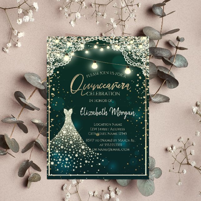 Lace,Lights,Wood Diamonds Dress Green Quinceañera Invitation (Creator Uploaded)