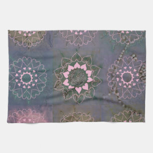 Lace-like Pink Heart Mandala and Grey Tea Towel