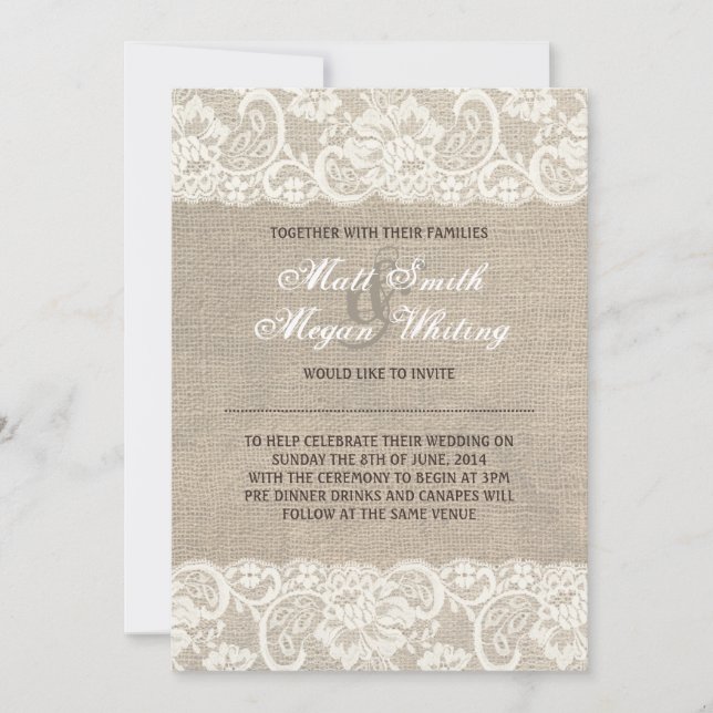 Lace Look Rustic Burlap Wedding Invitation (Front)