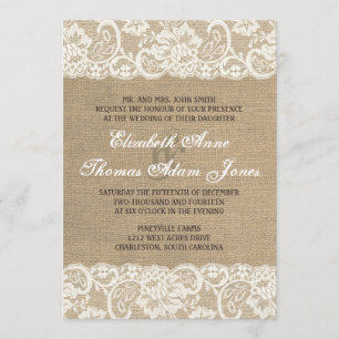Lace Look Rustic WARM Burlap Wedding Invitation