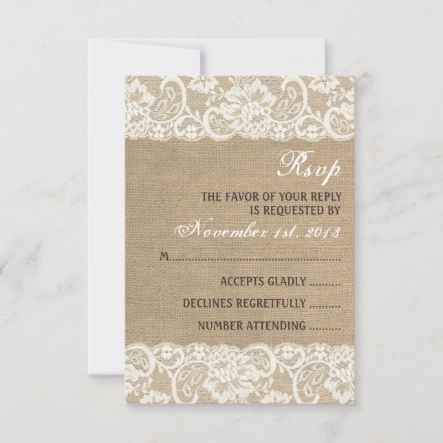 Lace Look Rustic WARM Burlap Wedding RSVP Card (Front)
