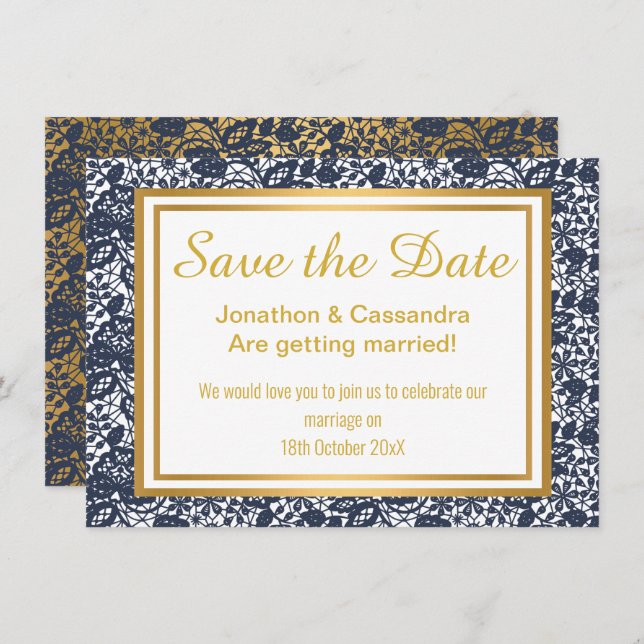LACE LUXE NAVY GOLD SAVE THE DATE (Front/Back)