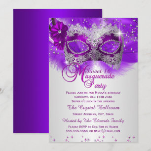 Lace Mask Purple Silver Masquerade Sweet 16 Invitation