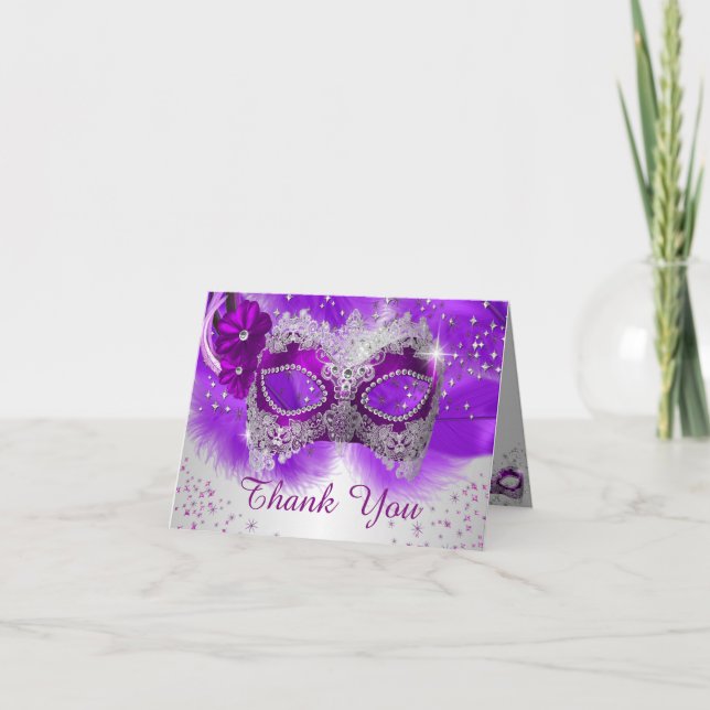 Lace Mask Purple Silver Masquerade Thank You Card (Front)