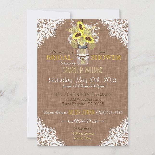 Lace Mason Jar Sunflower Rustic Bridal Shower Invitation (Front)