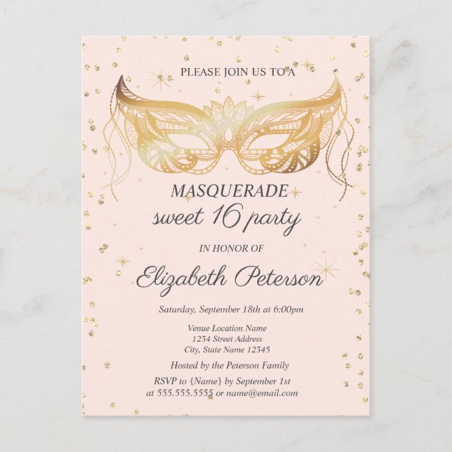 Lace Masque Gold Diamonds Sweet 16 Invitation Postcard (Front)