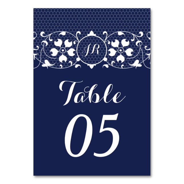 Lace Monogram Wedding Table Numbers Card (Front)