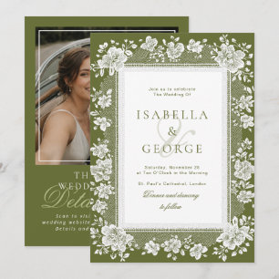 Lace Olive Green Lace Old Money QR Photo Wedding Invitation
