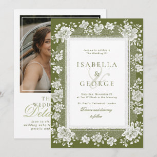 Lace Olive Green Lace Old Money QR Photo Wedding Invitation