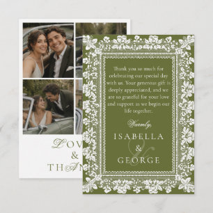 Lace Olive Green Old Money Wedding Photo Collage Thank You Card