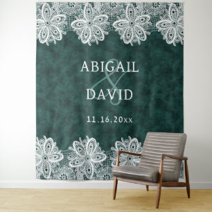 Lace on Emerald Green Faux Velvet Wedding Backdrop Tapestry