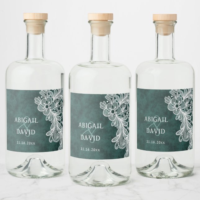 Lace on Emerald Green Faux Velvet Wedding Liquor Bottle Label (Bottles)