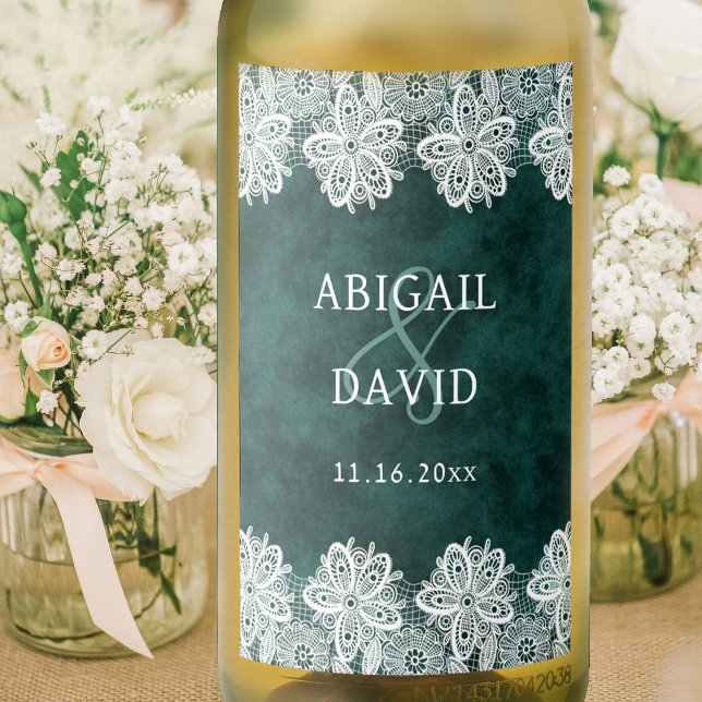 Lace on Emerald Green Faux Velvet Wedding Mini Wine Label (Creator Uploaded)