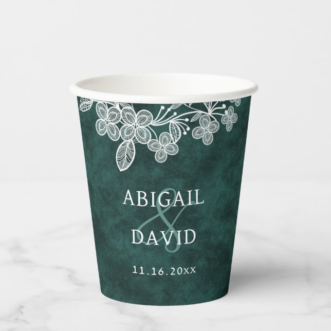 Lace on Emerald Green Faux Velvet Wedding Paper Cups (Front)