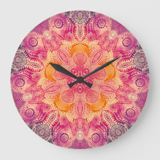 Lace Ornament Mandala: Round Watercolor Design Large Clock (Front)