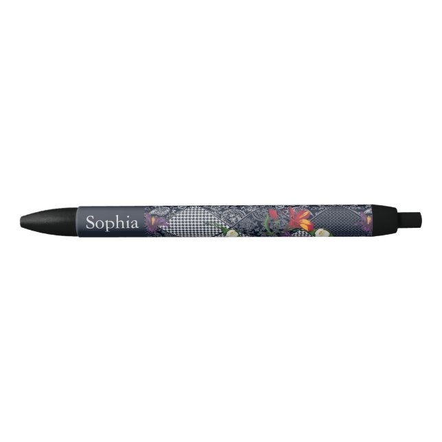 Lace, paisley and pied-de-poule, houndstooth desig black ink pen (Front)