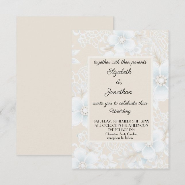 Lace Pattern Beige Blue Wedding Invitation (Front/Back)