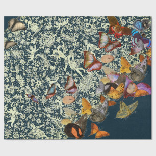 LACE PATTERN IN BLUE WITH BUTTERFLIES GIFT WRAP