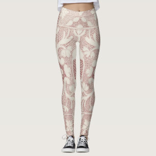 lace pattern, vintage etching, pink and white leggings