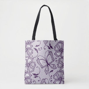 Lace pattern with butterflies tote bag