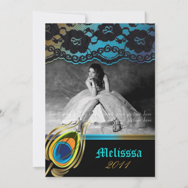 Lace Peacock Grad Announcement Zebra Blue Gold (Front)