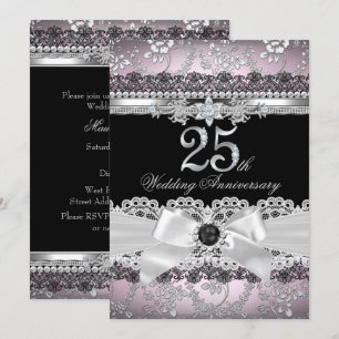 Lace & Pearl Bow Silver Pink 25th Anniversary Invitation