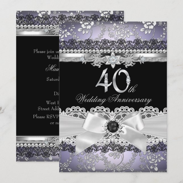 Lace Pearl Bow Silver Purple 40th Anniversary Invitation (Front/Back)