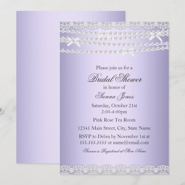Lace & Pearl Purple Bridal Shower Invitation (Front/Back)