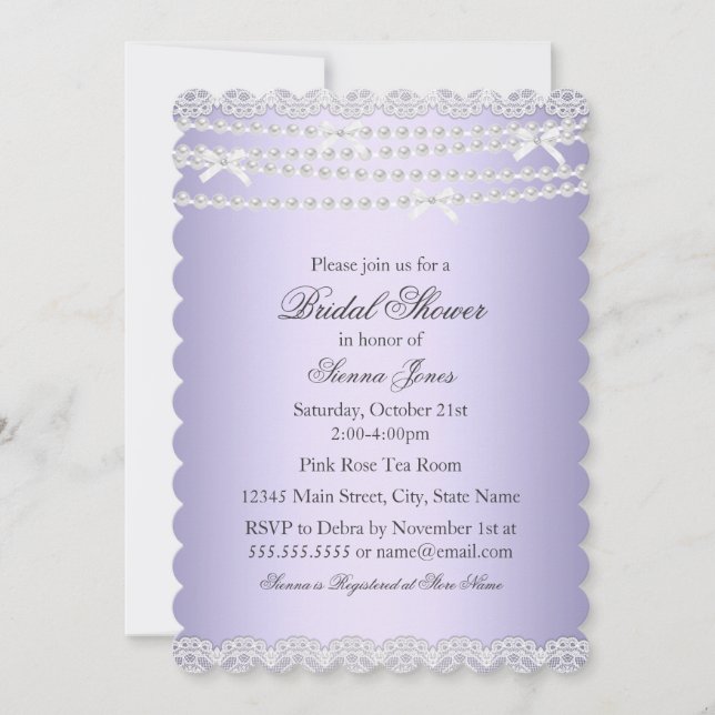 Lace & Pearl Purple Bridal Shower Invitation (Front)