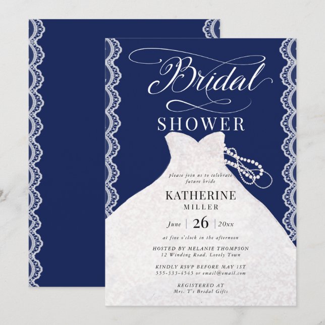 Lace Pearls Bridal Dress Navy Blue Bridal Shower Invitation (Front/Back)