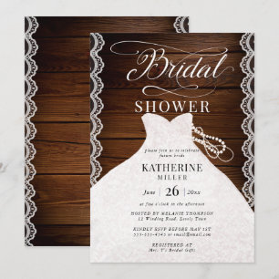 Lace Pearls Bridal Dress Rustic Wood Bridal Shower Invitation