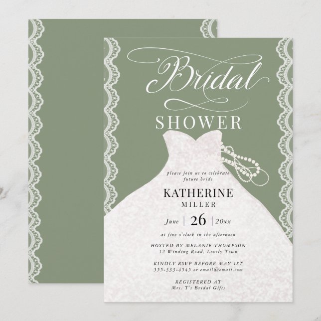 Lace Pearls Bridal Dress Sage Green Bridal Shower Invitation (Front/Back)