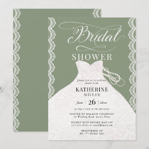 Lace Pearls Bridal Dress Sage Green Bridal Shower Invitation