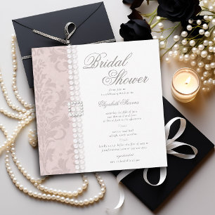 Lace Pearls Damask Pink Chic Elegant Bridal Shower Invitation