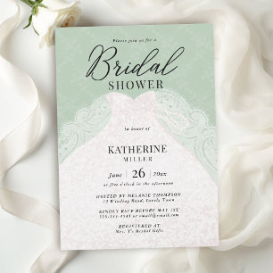 Lace Pearls Dress Sage Green Elegant Bridal Shower Invitation