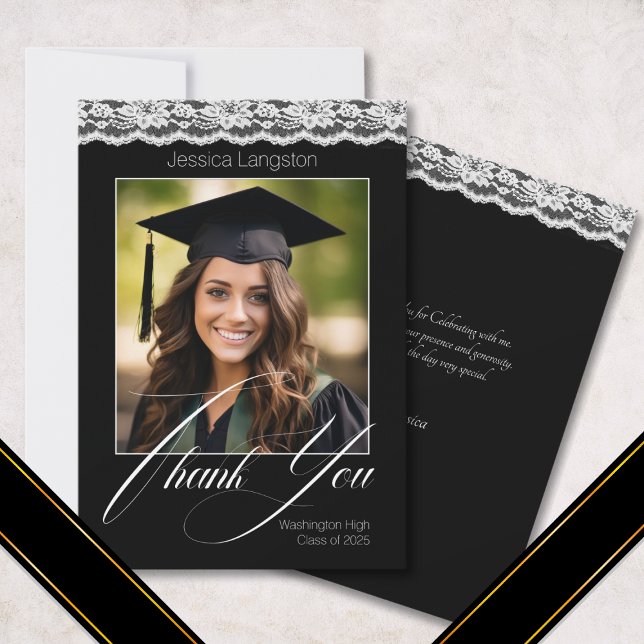 Lace Photo Graduation Flat Thank You Card (Creator Uploaded)
