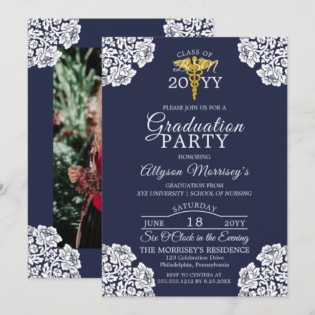 Lace Photo Nursing School | Medical Graduation Invitation (Front/Back)